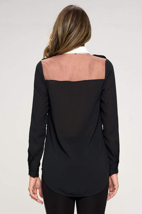 Traverse City Long Sleeve Sheer Panel Collared Blouse
